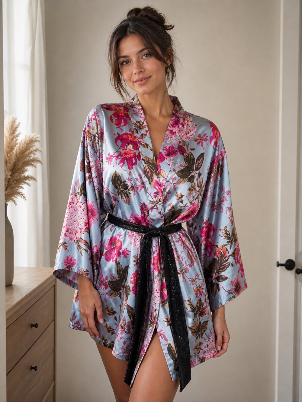Victoria's Secret Pink Floral Satin Kimono Robe with Black Tie